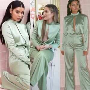 HOUSE OF CB Eucalyptus Mint Green Lani Blouse & Flores Wide Leg Satin Pants Set